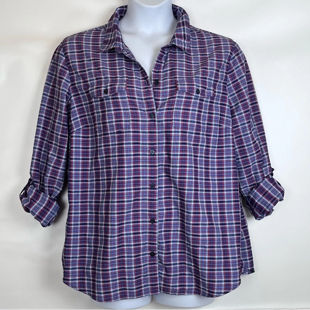 Eddie Bauer Shirt Women’s 3X Purple Pink Plaid Adventurer Roll-Tab Sleeve READ